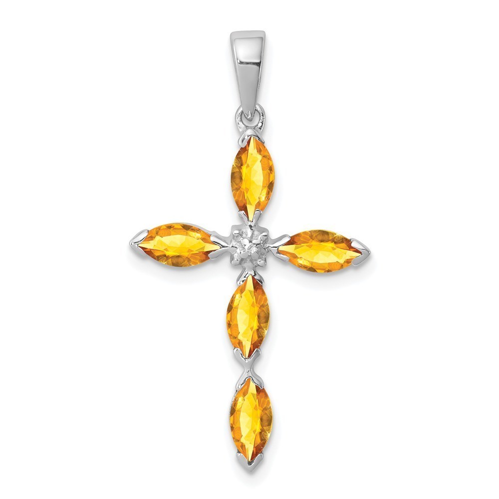 925 Sterling Silver Citrine Diamond Cross Necklace Pendant 31 x 17 mm